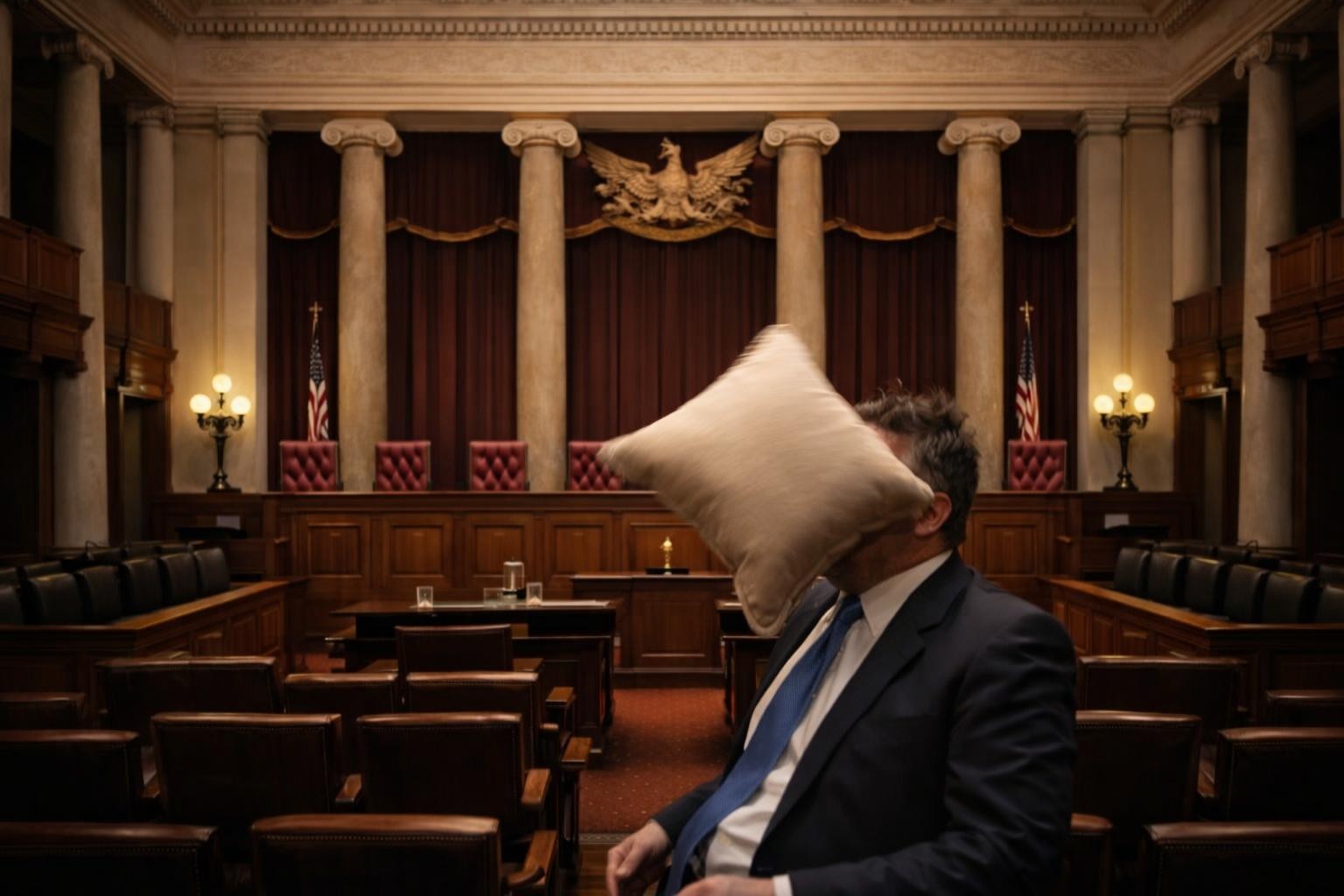 Empty courtroom with judge's bench, chairs, American flags, and ornate columns