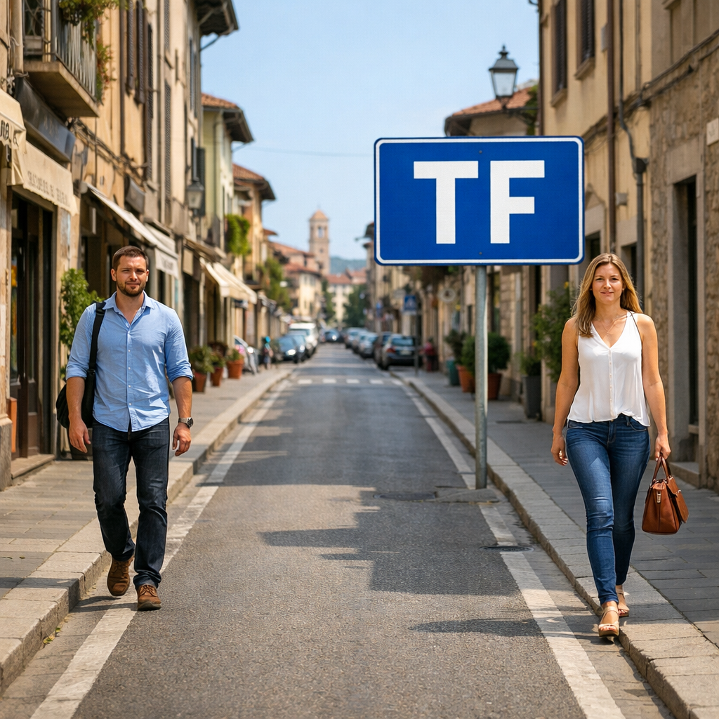 Man and woman walking on opposite sides of a narrow street with buildings and parked cars