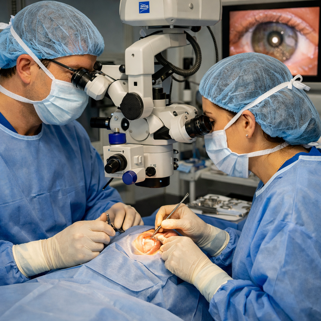 Two surgeons using microscope to operate on a patient's eye