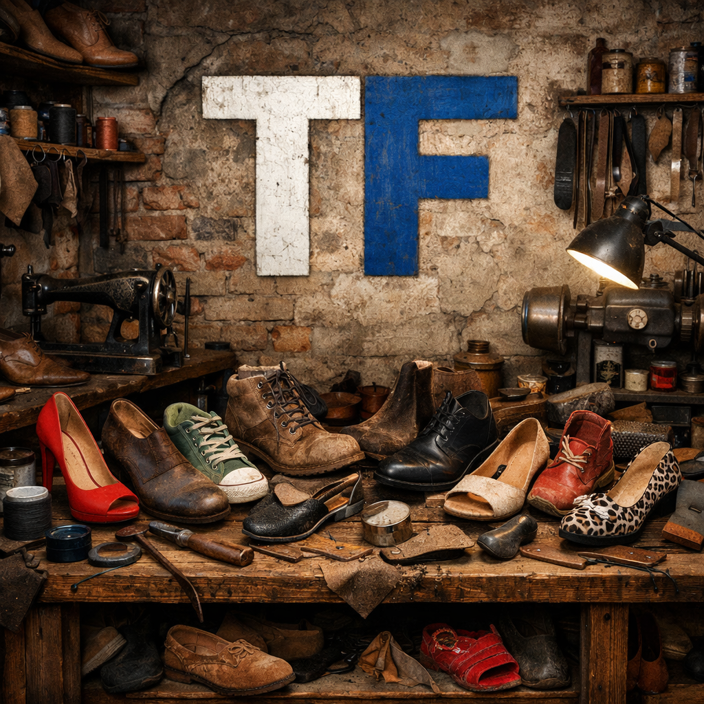 Old cobbler workshop table with multiple pairs of shoes and repair tools