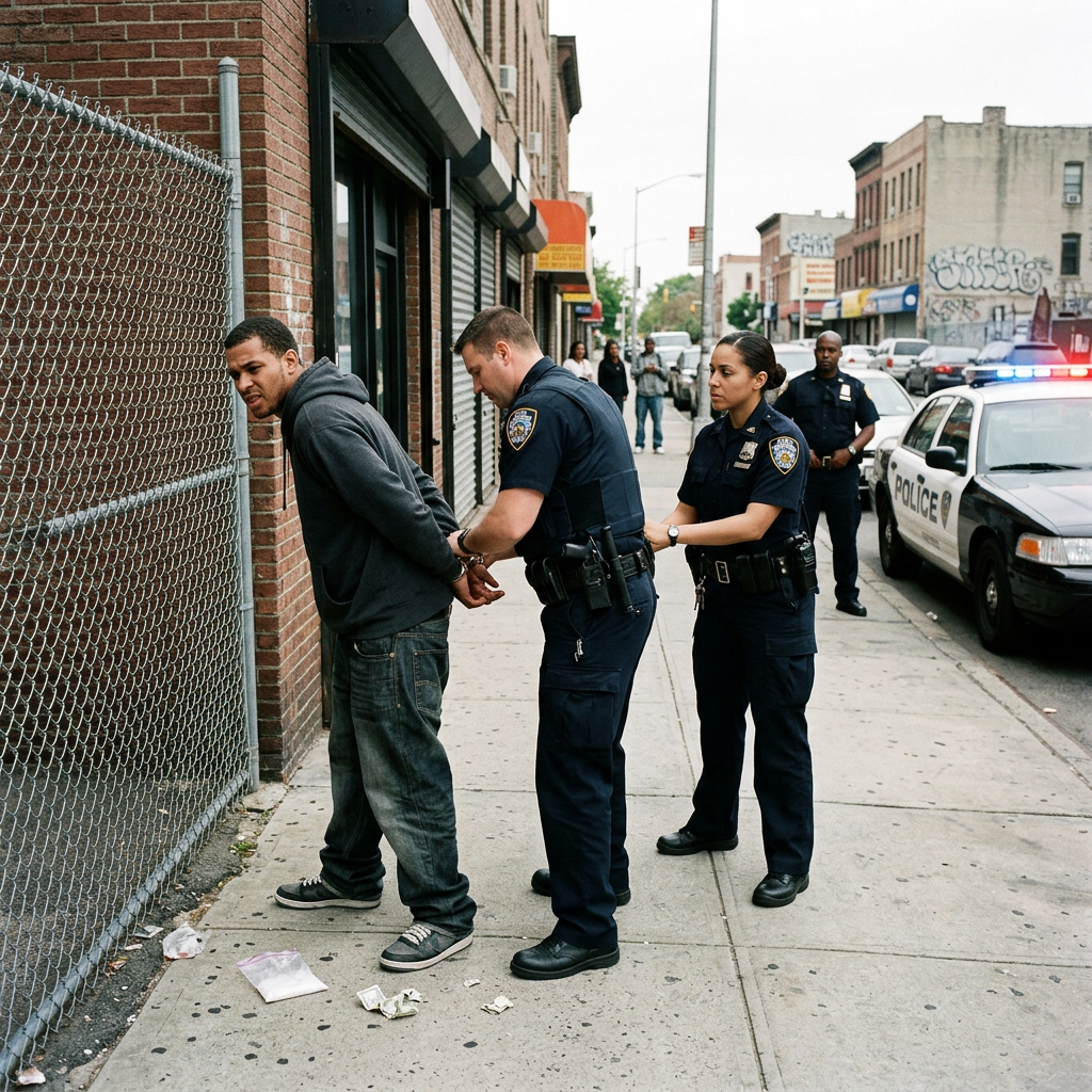 Two police officers handcuffing a man on a city sidewalk with police car nearby