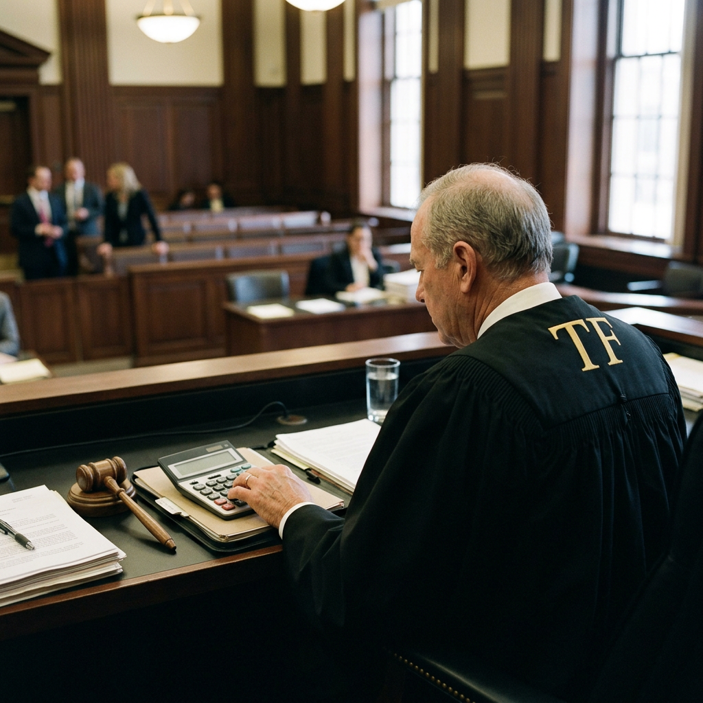 Judge in robes using calculator at courtroom bench with gavel and documents
