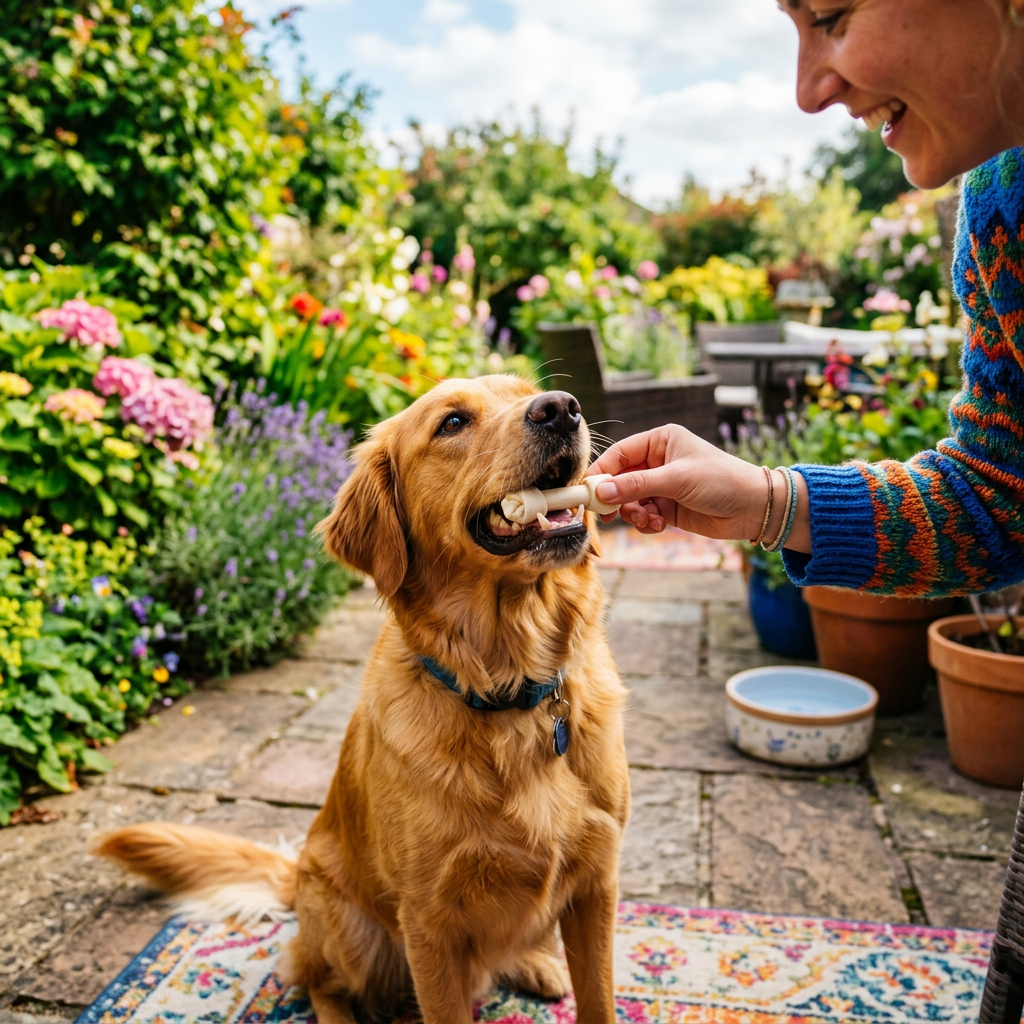 Golden retriever sitting on a rug in a garden taking a bone treat from a person.