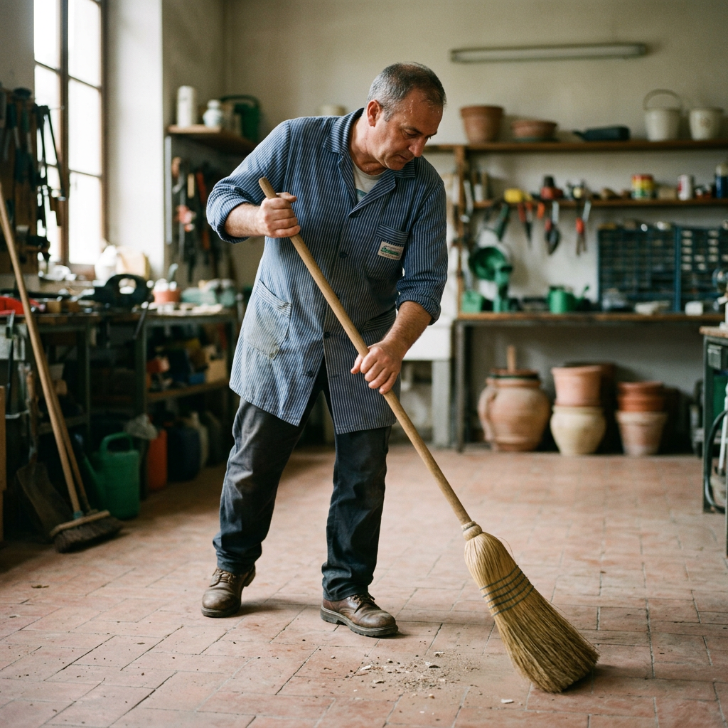 Man sweeping floor in pottery workshop with broom and clay pots