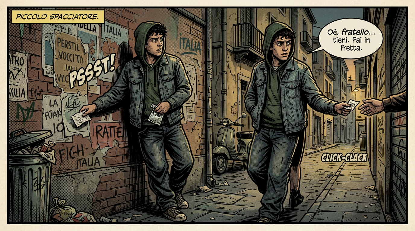 Young man in hoodie and jacket making a drug deal in an urban alley