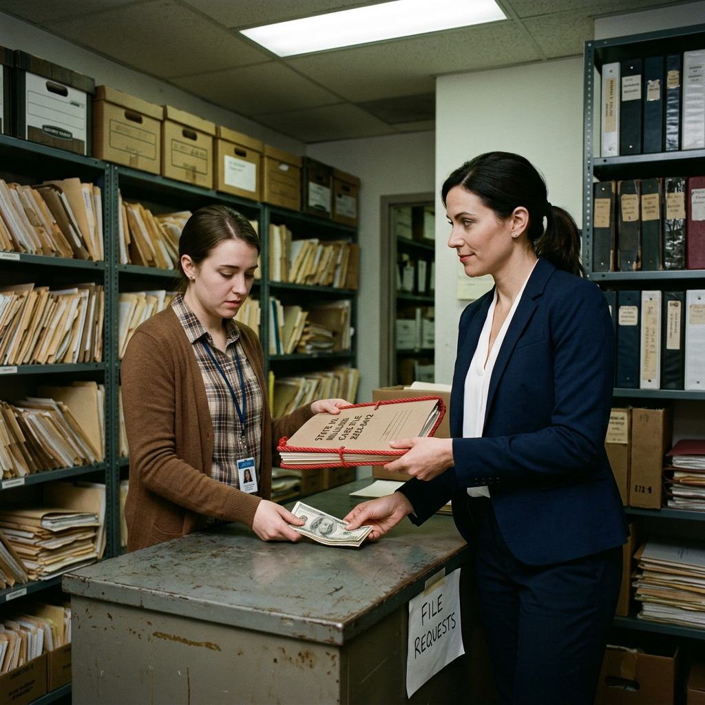 Two women exchanging files and cash in document storage room