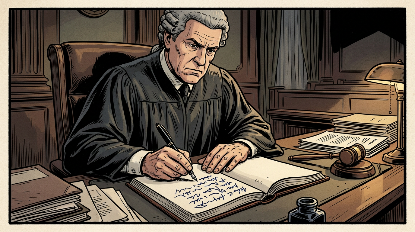 Judge in black robe writing in an open book at a wooden desk with legal papers and a gavel