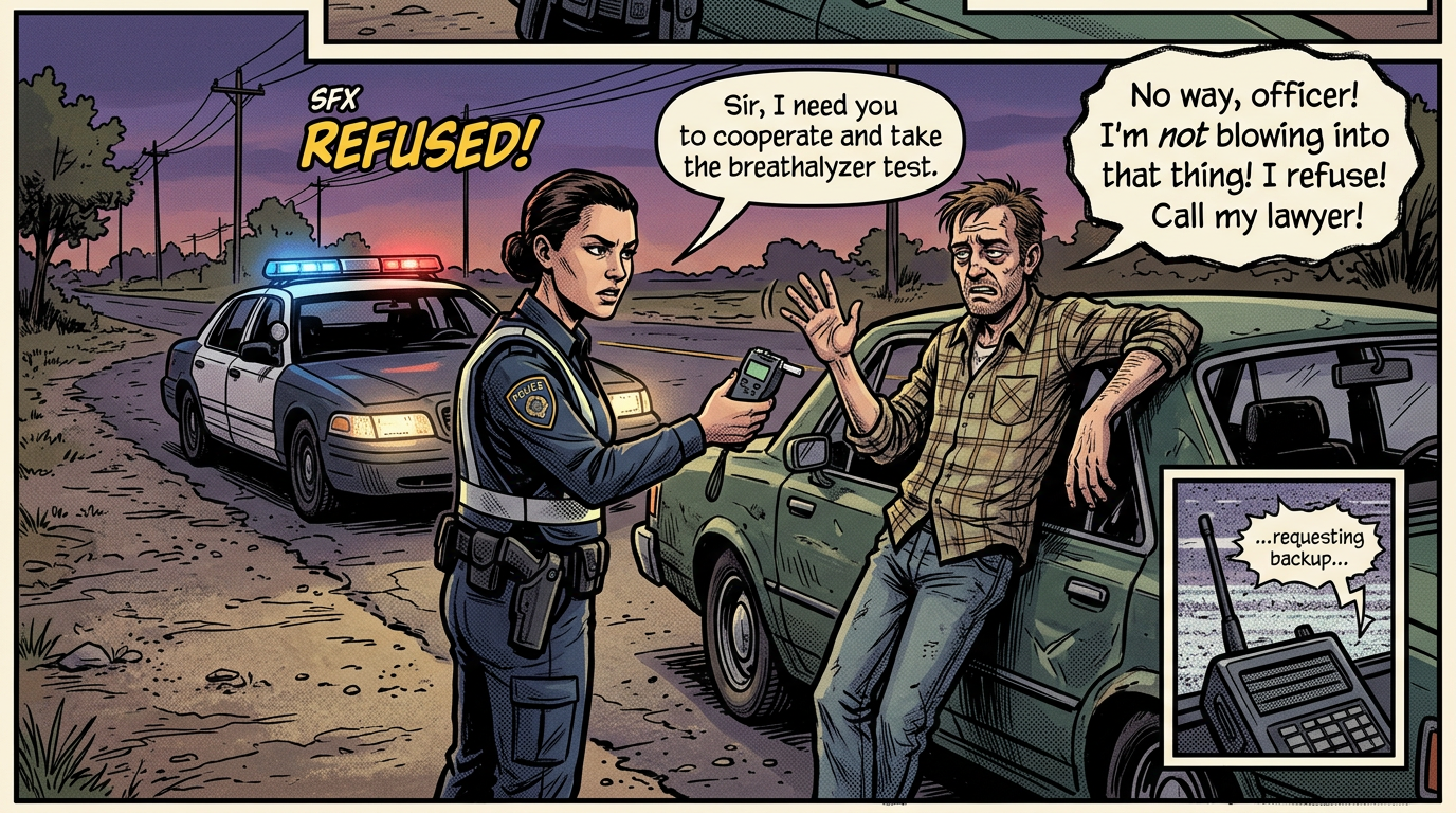 Police officer holding breathalyzer test, driver refusing with raised hand