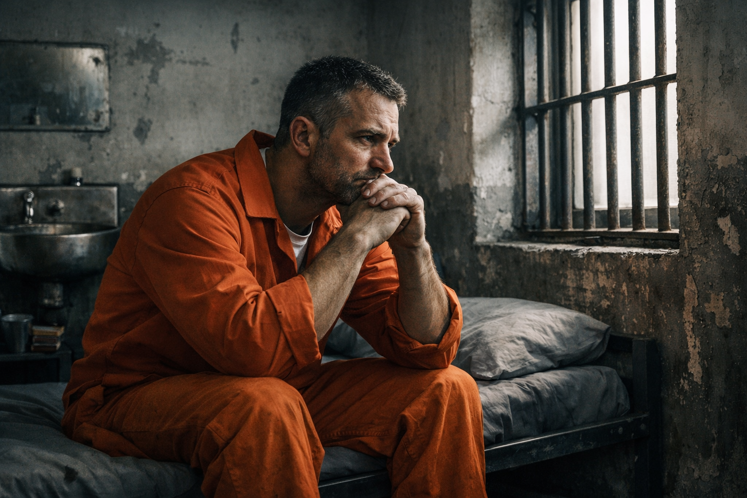 Man in orange prison uniform sitting on bed and looking through barred window in cell