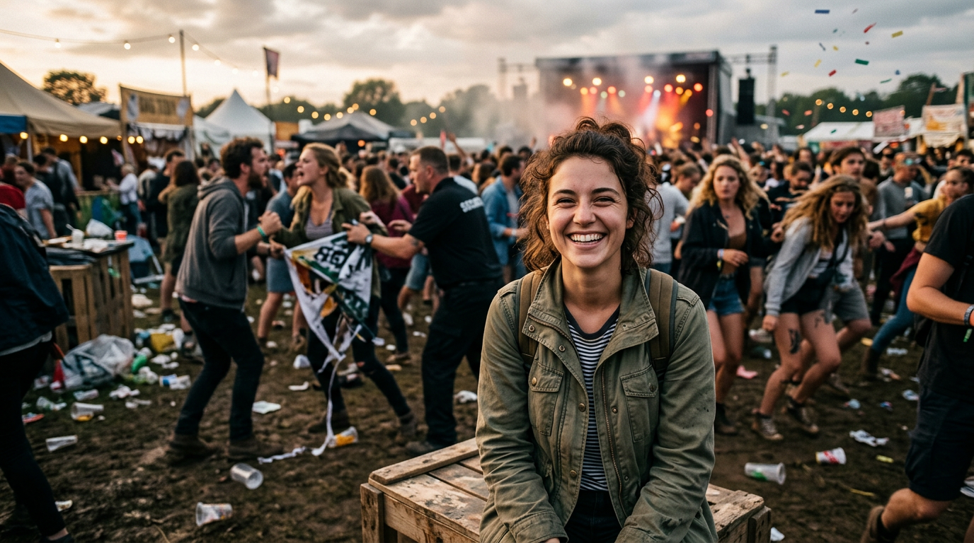 Smiling woman sitting on wooden crate at crowded outdoor music festival
