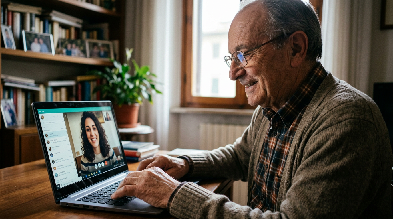 Elderly man smiling during a video call with a young woman on a laptop at home