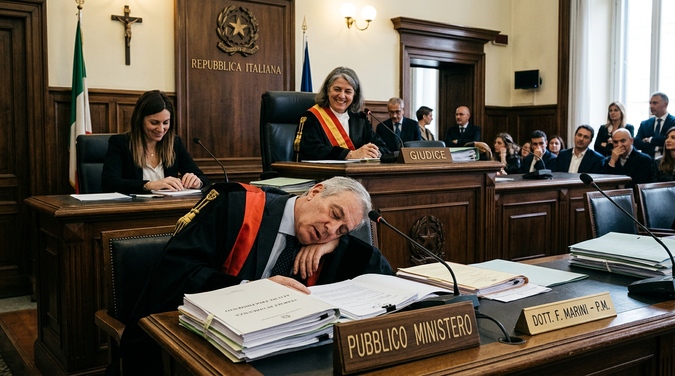 Prosecutor resting head on hand asleep at desk with judge and court attendees in background