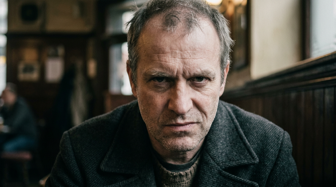 Middle-aged man with a serious expression sitting in a wooden-paneled pub