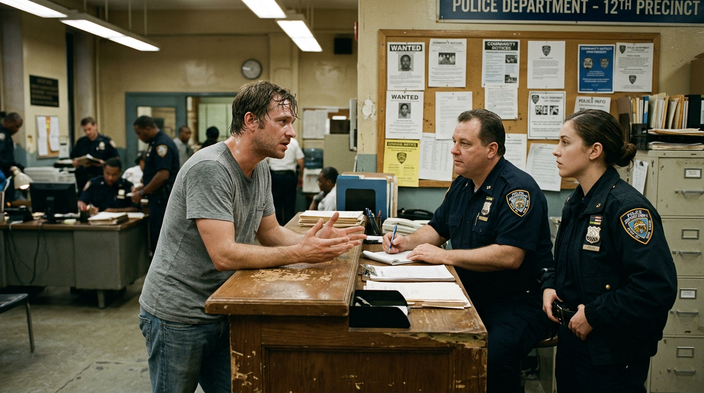 Man speaking intensely to two police officers in a precinct office.