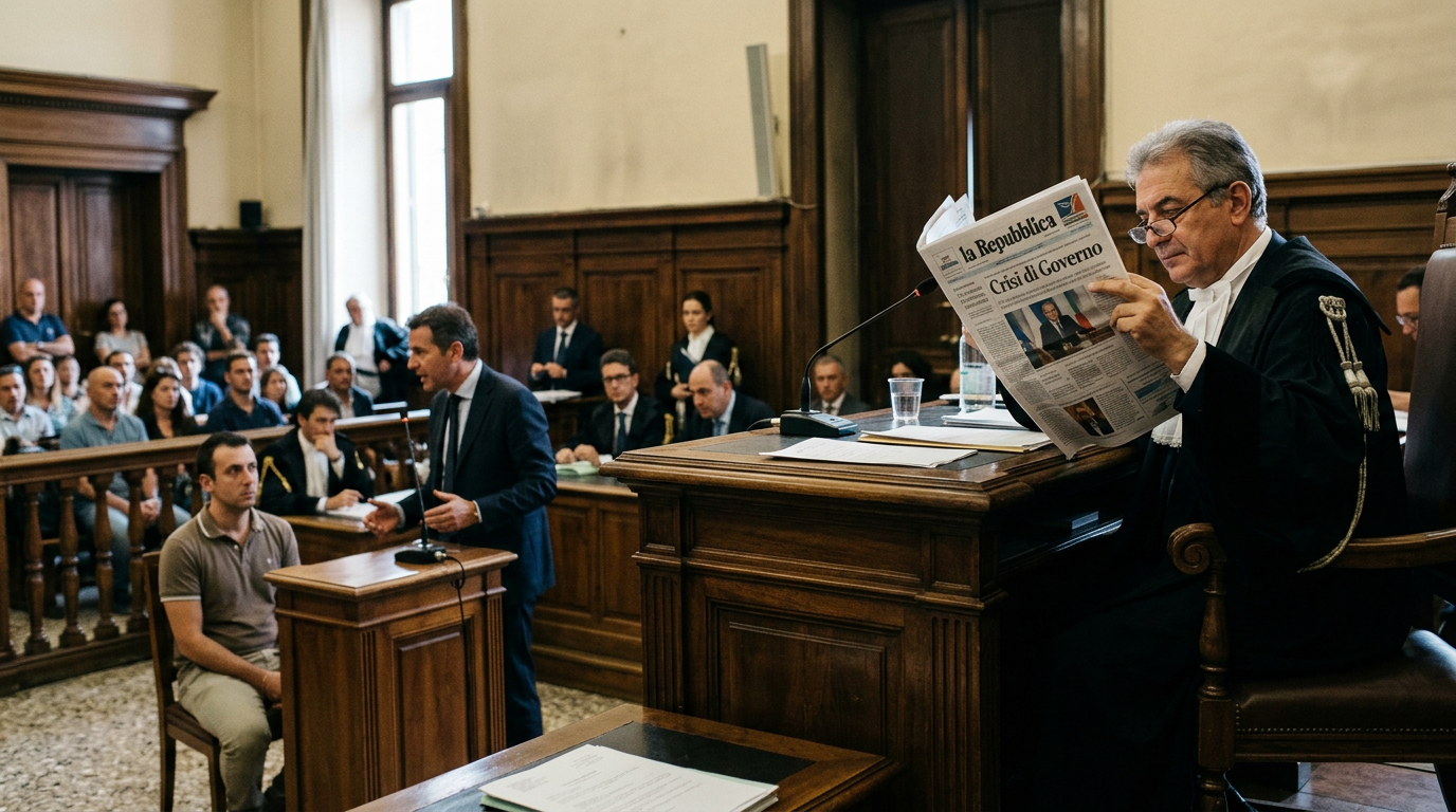 Judge reading a newspaper in courtroom while lawyer addresses defendant and audience watches