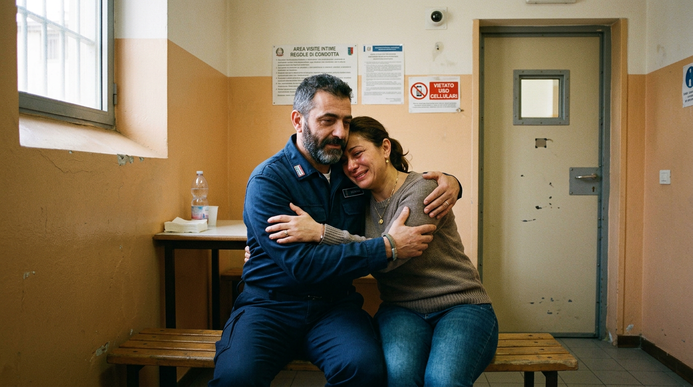 Prison officer embracing a woman who is crying inside a visitation room