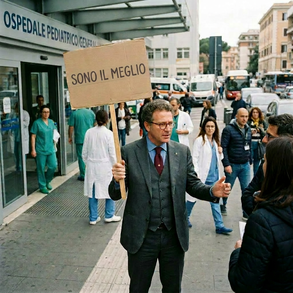 Man in suit holding sign reading 'Avvocato con manifesto è il più bravo' outside pediatric hospital entrance with medical staff nearby