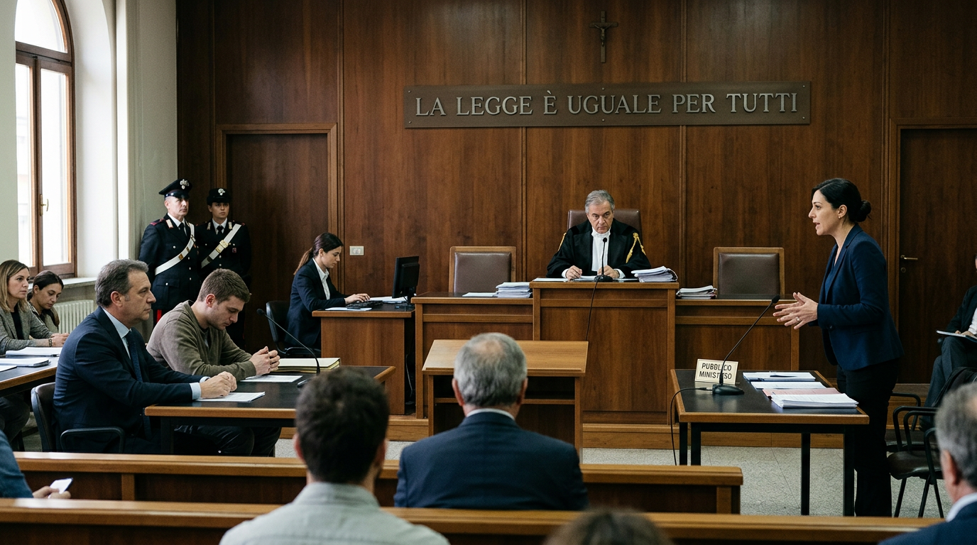 Lawyer speaking at a podium in an Italian courtroom with judge and attendees