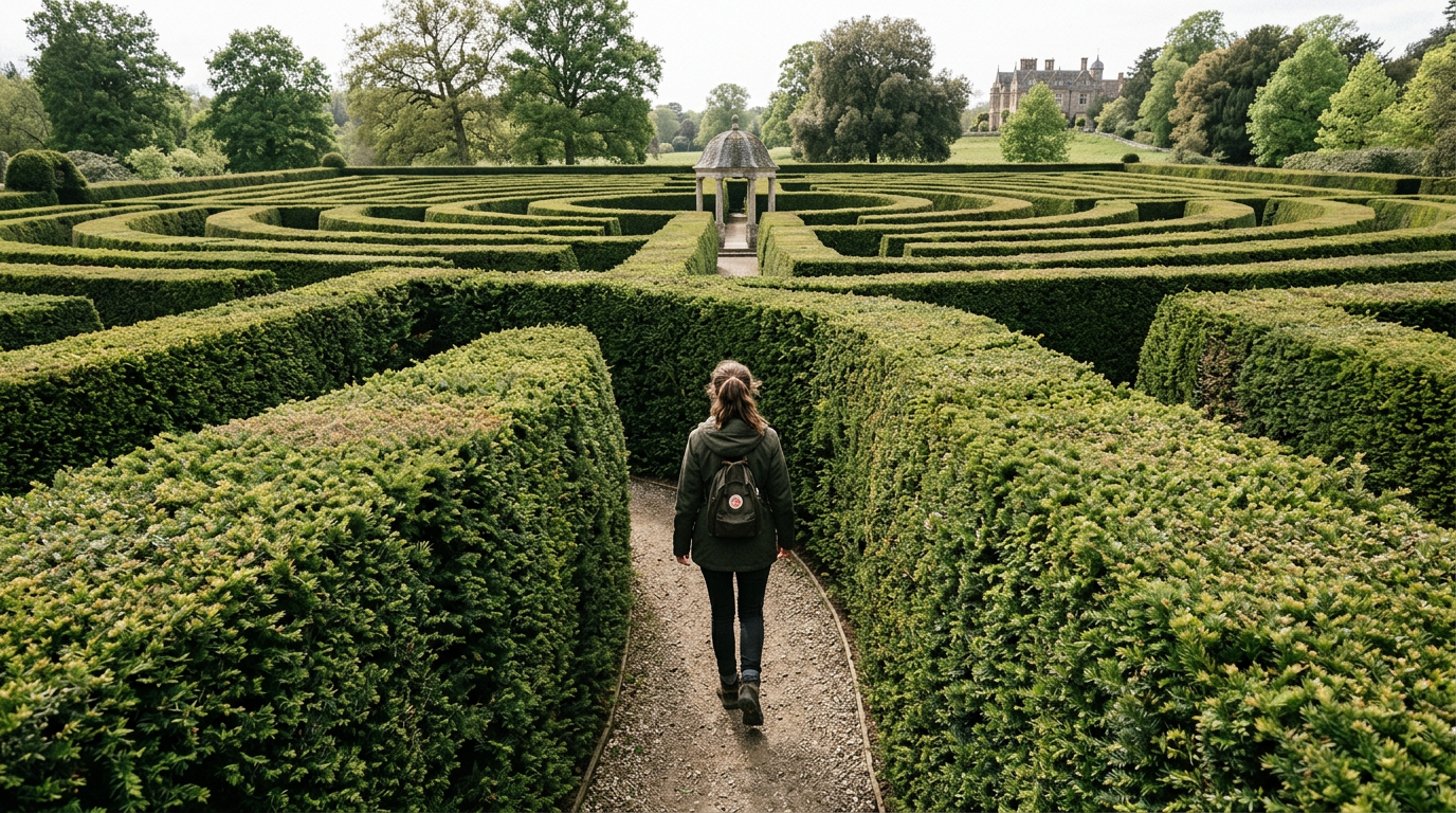 Person walking inside a green hedge maze with a pavilion ahead