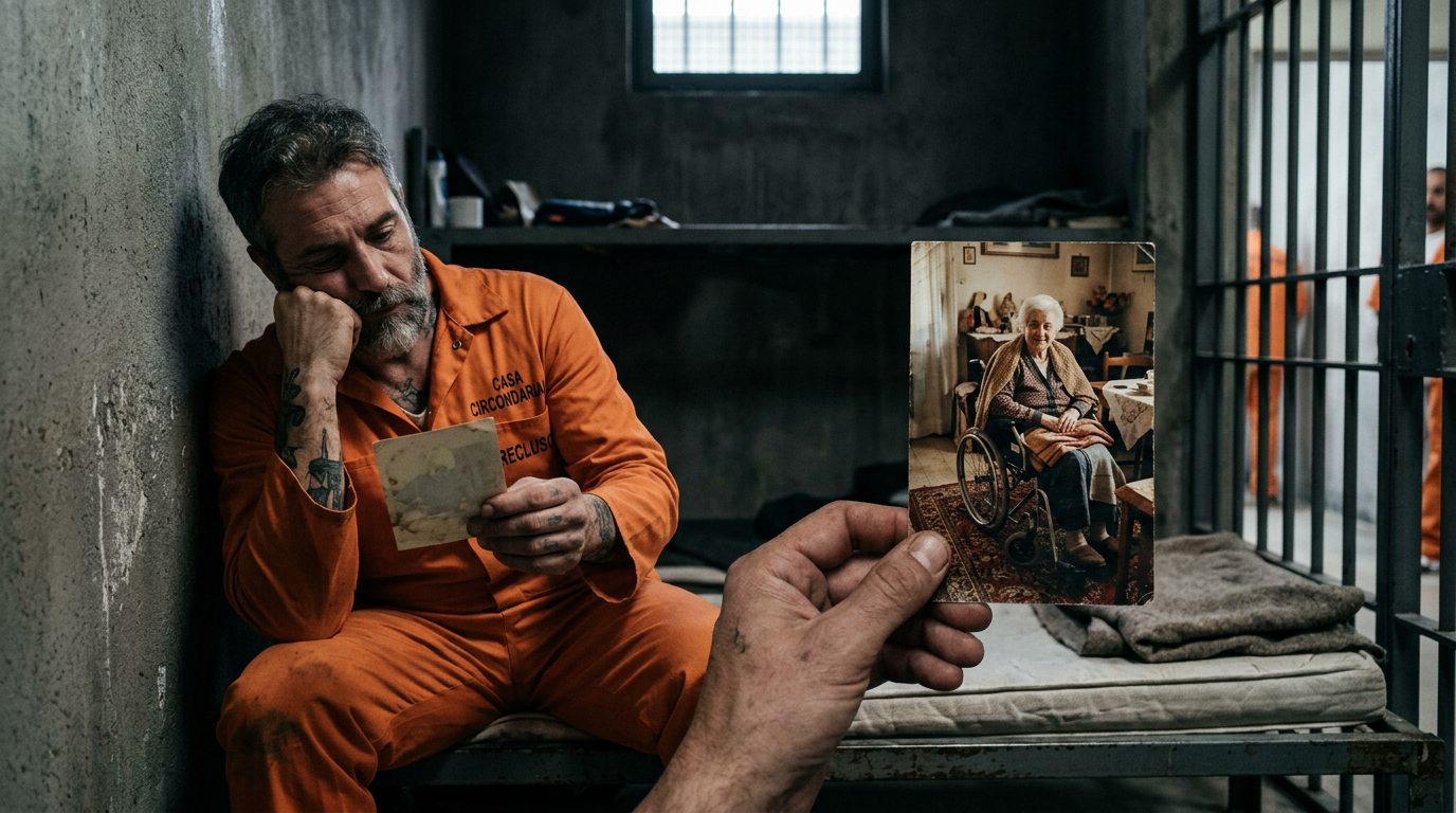 Inmate in orange uniform holding a photo of elderly woman in wheelchair
