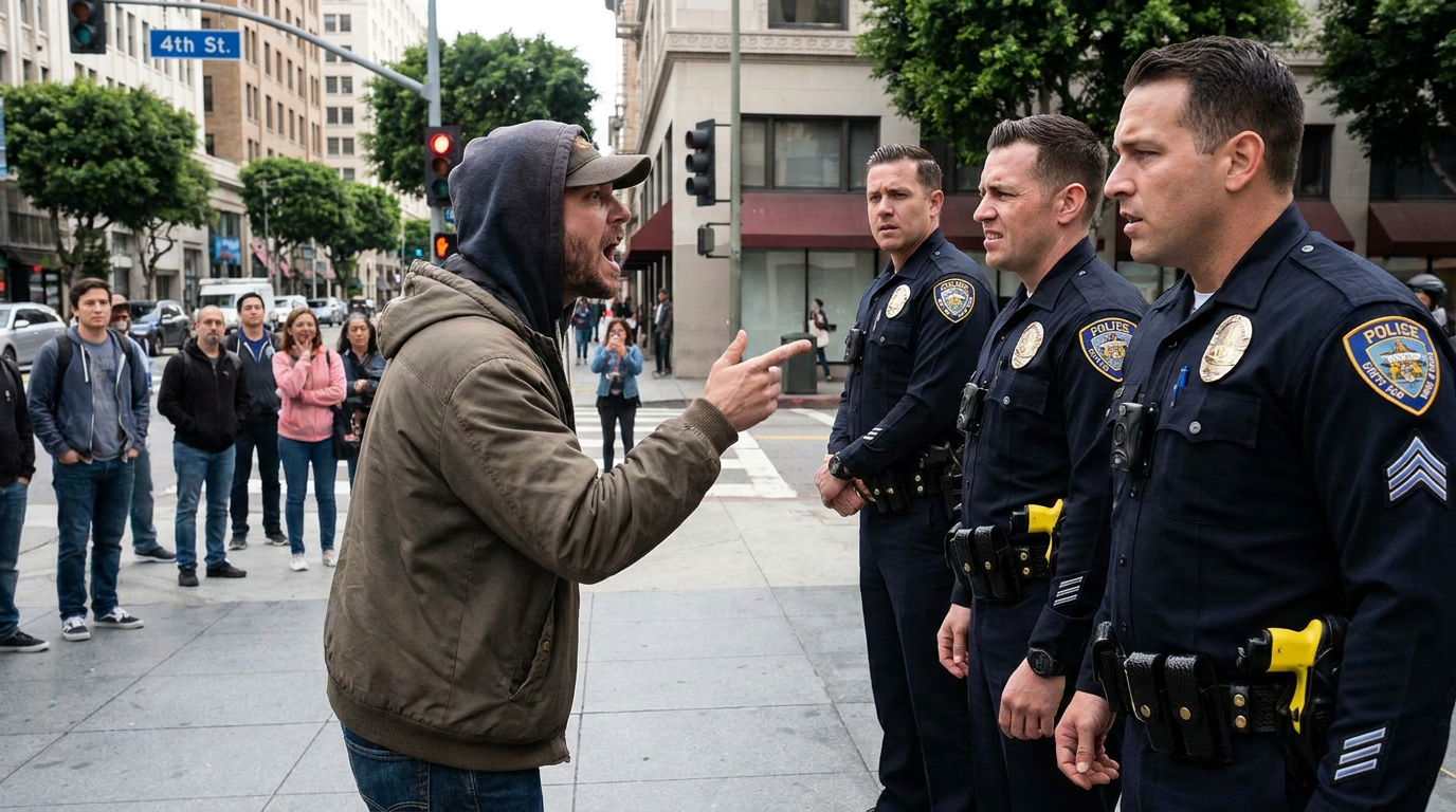 Man in a hooded jacket angrily pointing and talking to three uniformed police officers standing in a line on a city sidewalk.