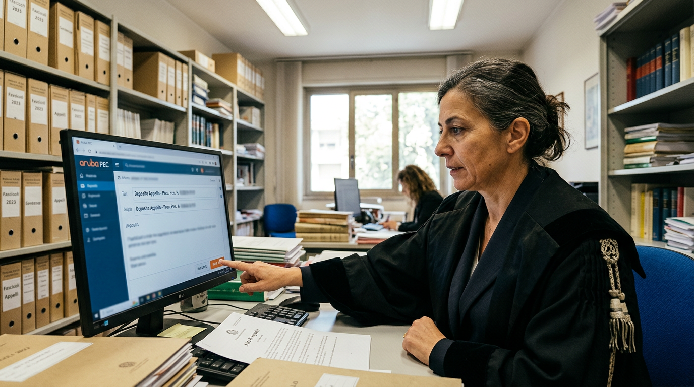 A legal professional in robe pointing at a computer screen displaying an email interface for legal case deposits