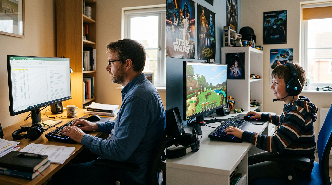 Man working on computer with spreadsheet and boy gaming on separate desks