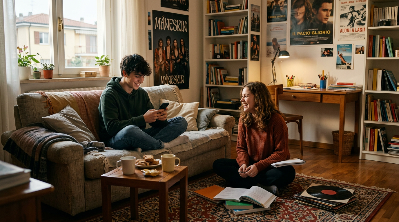 Two friends studying and chatting in a cozy living room with books and snacks
