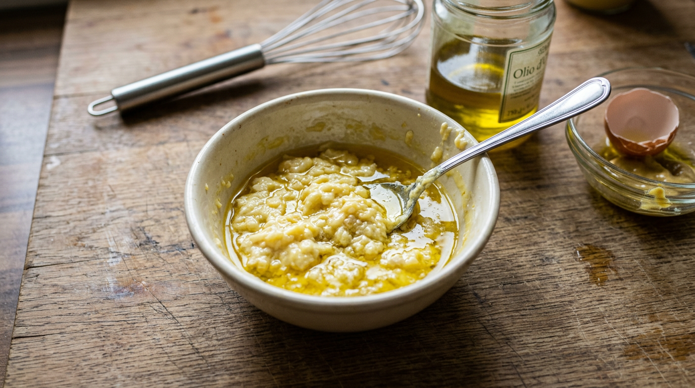 Bowl with a yellow mixture and oil, spoon inside, whisk and olive oil bottle nearby