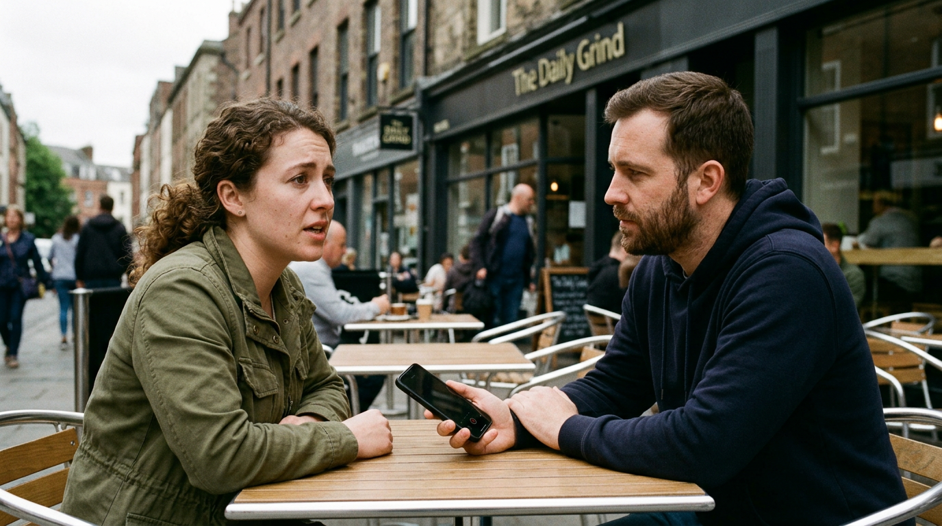 Man and woman engaged in serious conversation at an outdoor cafe table