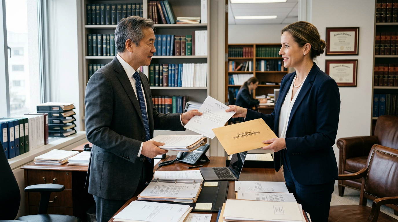 Male and female lawyers exchanging confidential legal documents in an office