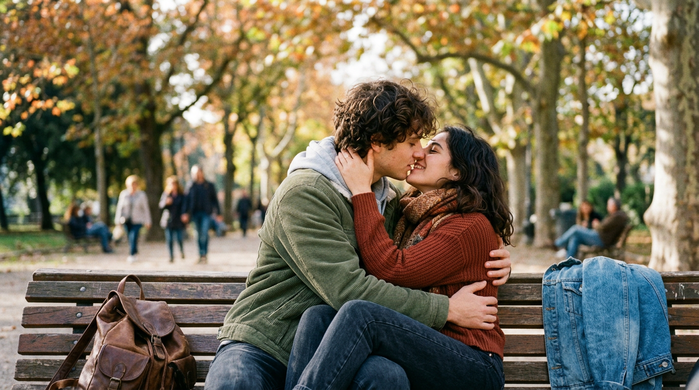 Couple embracing and kissing on a wooden bench in a park with autumn foliage