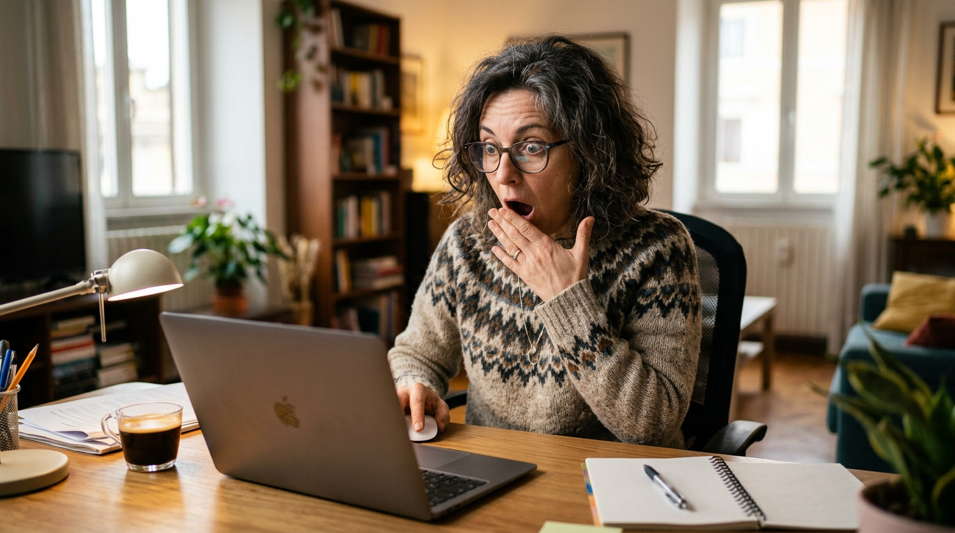 Woman with glasses wearing patterned sweater looking surprised at laptop screen
