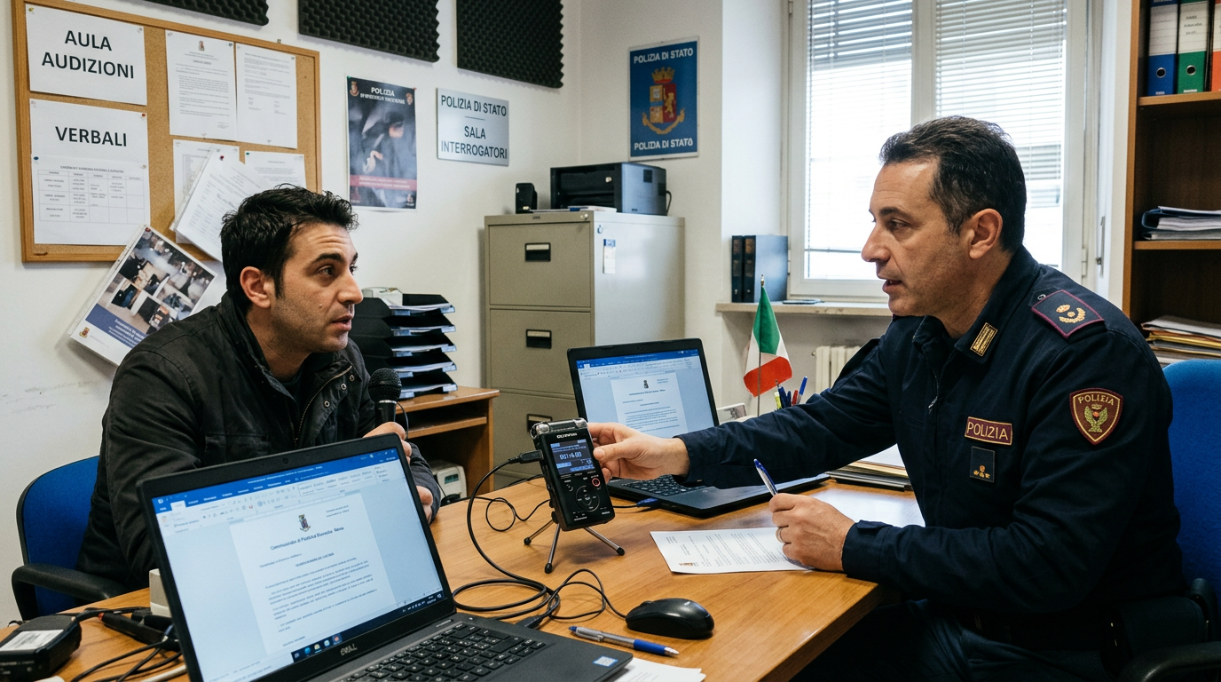 Police officer holding a recording device while interviewing a man in an interrogation room
