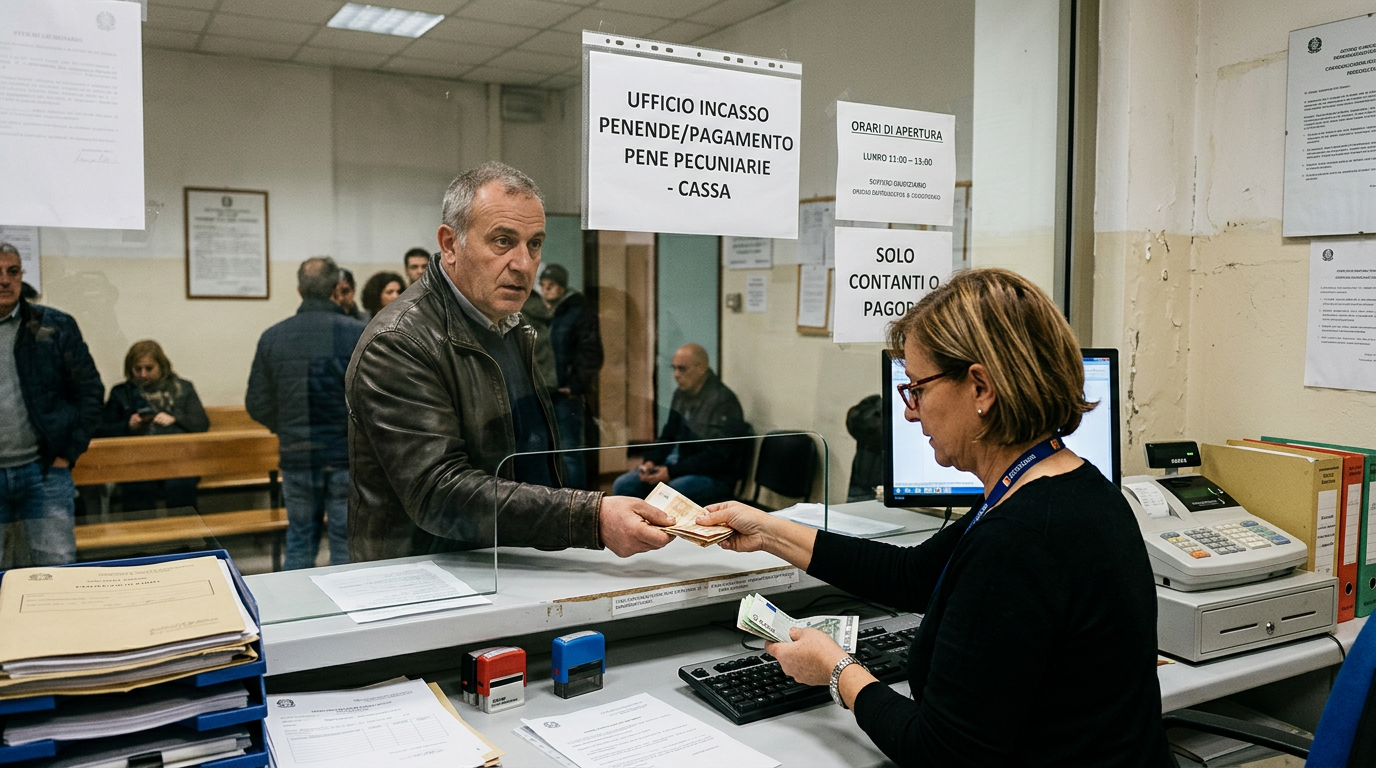 Man handing cash to a woman at an office payment window