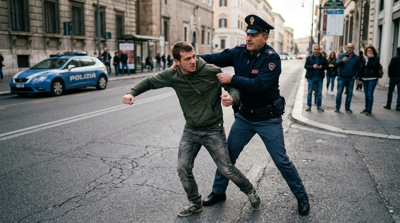 Police officer holding a young man in a green hoodie on a street with a police car and pedestrians nearby