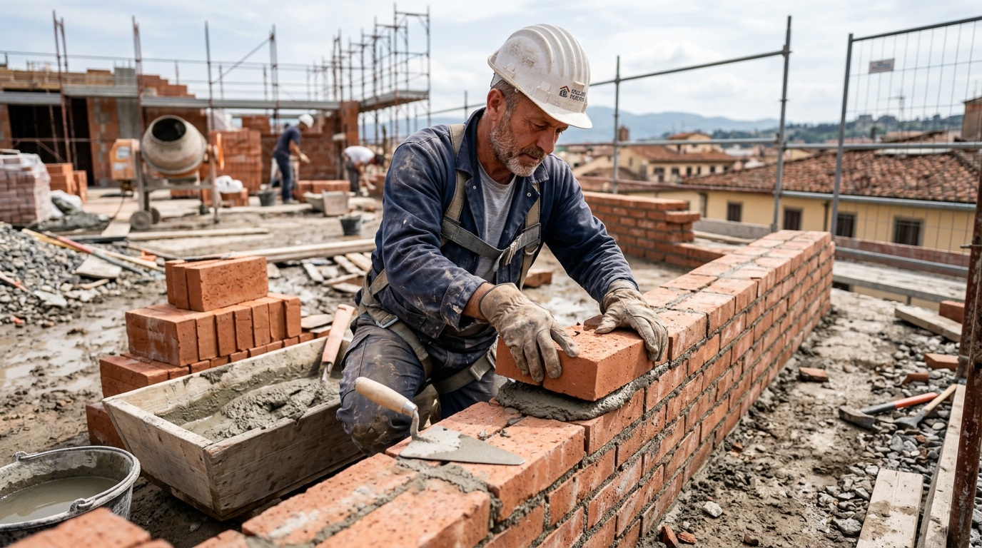 Construction worker wearing helmet and gloves laying bricks on a mortar bed
