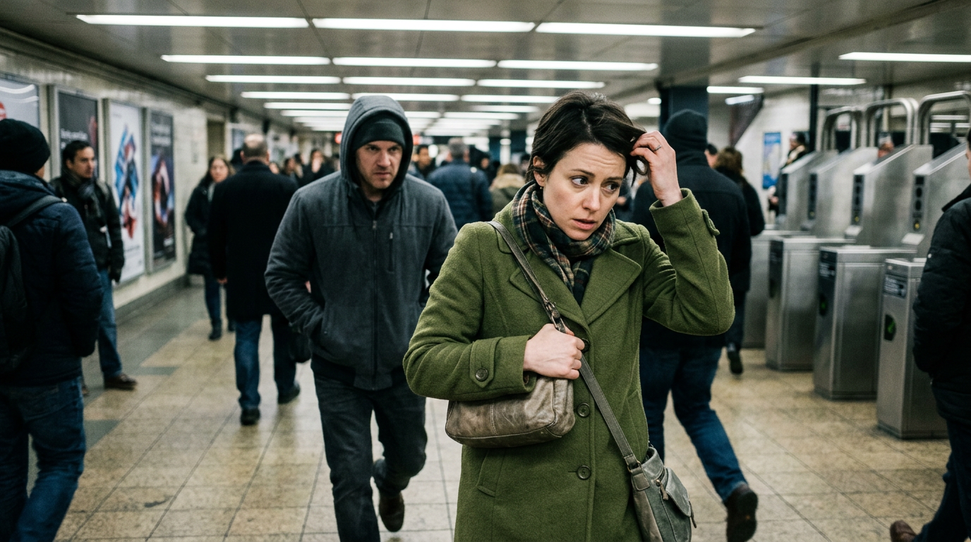 Woman in green coat looking uneasy walking past man in dark hoodie in subway