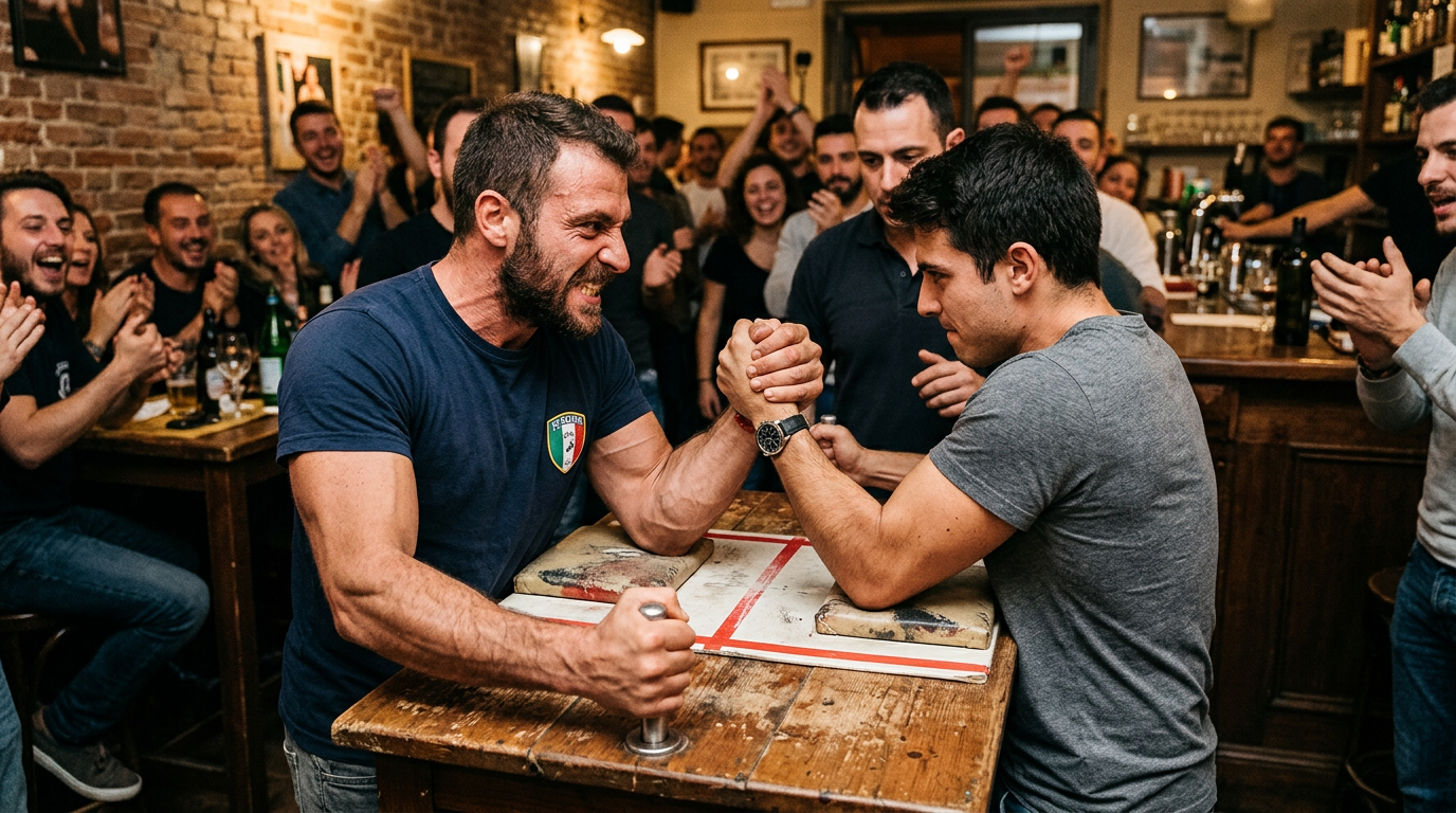 Two men arm wrestling at a wooden table surrounded by cheering people in a bar