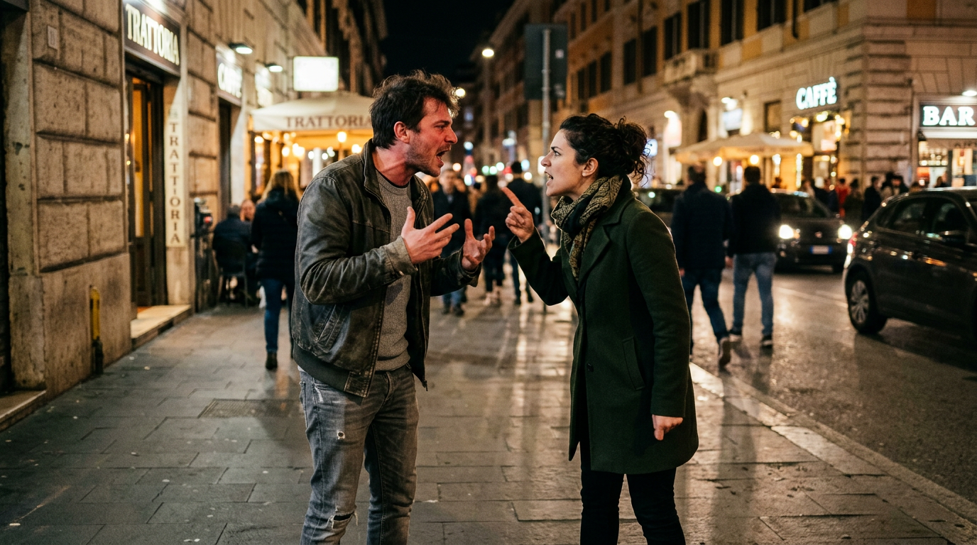 Man and woman arguing heatedly on a busy city street at night
