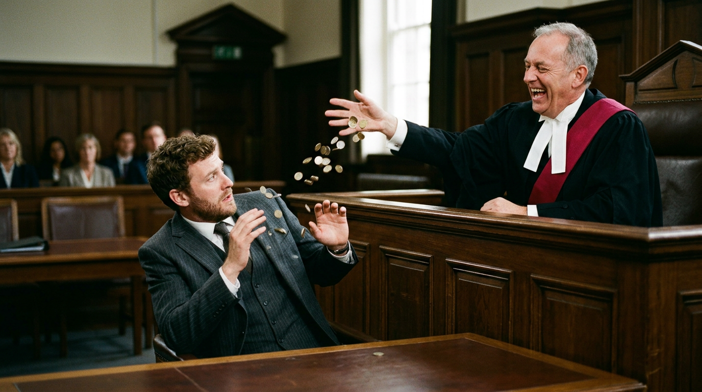 Judge in robes laughing and tossing coins towards a surprised lawyer in courtroom