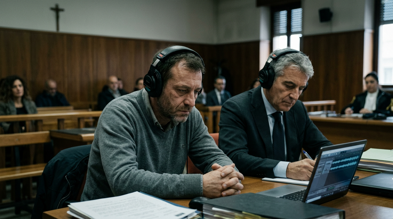 Two men sitting at a courtroom table wearing headphones, one taking notes and a laptop showing audio waveform