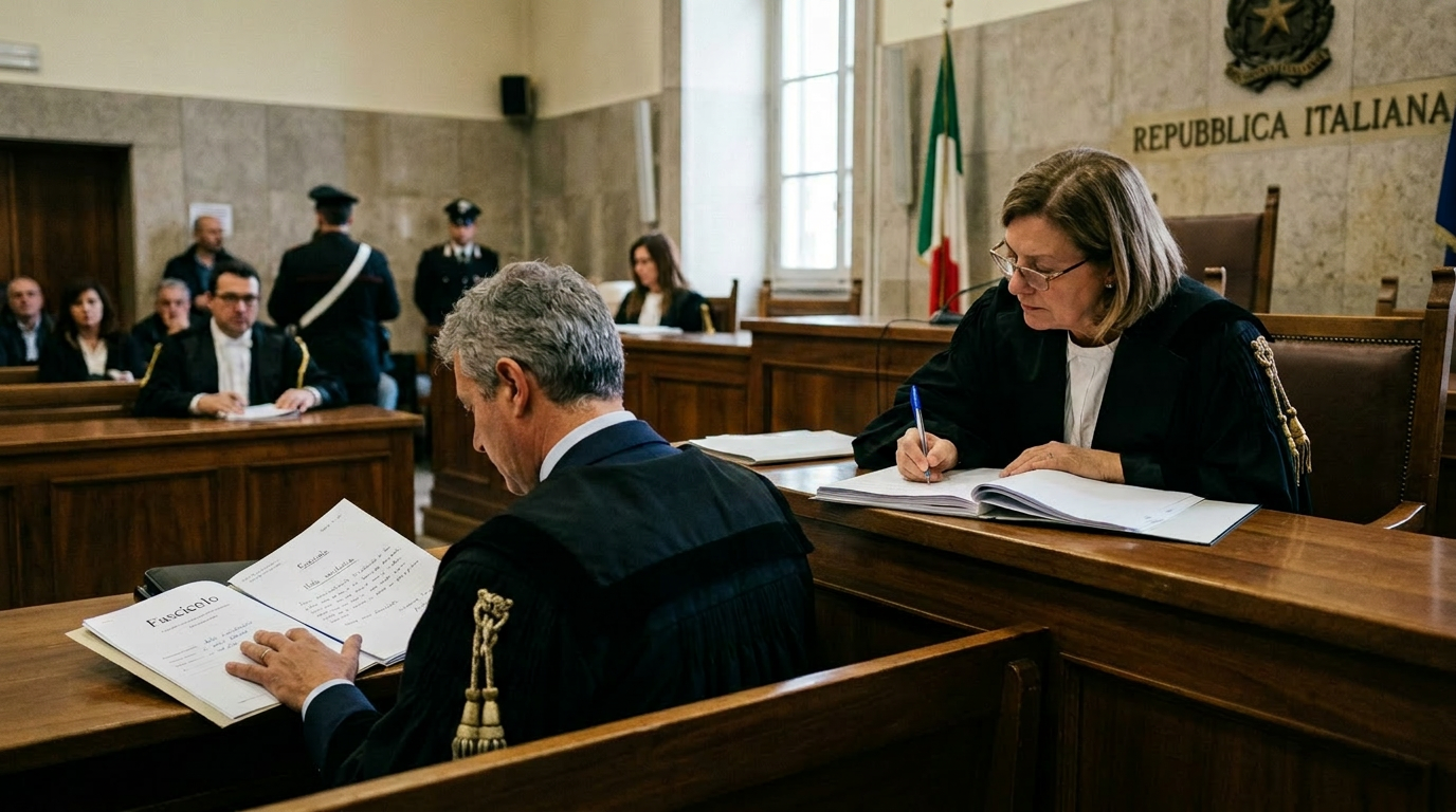 Lawyers in black robes and a judge working with legal documents in an Italian courtroom