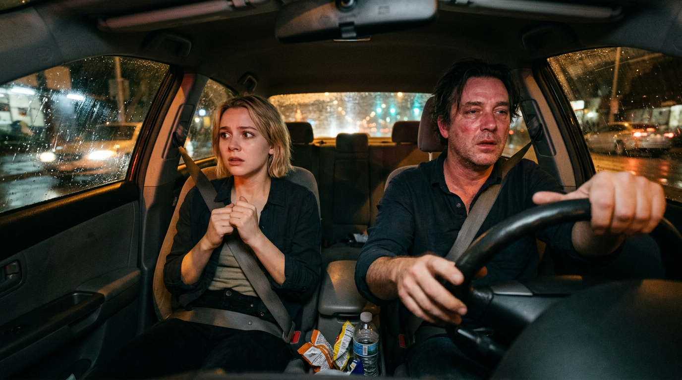 Man driving a car at night in rain, woman next to him looking anxious