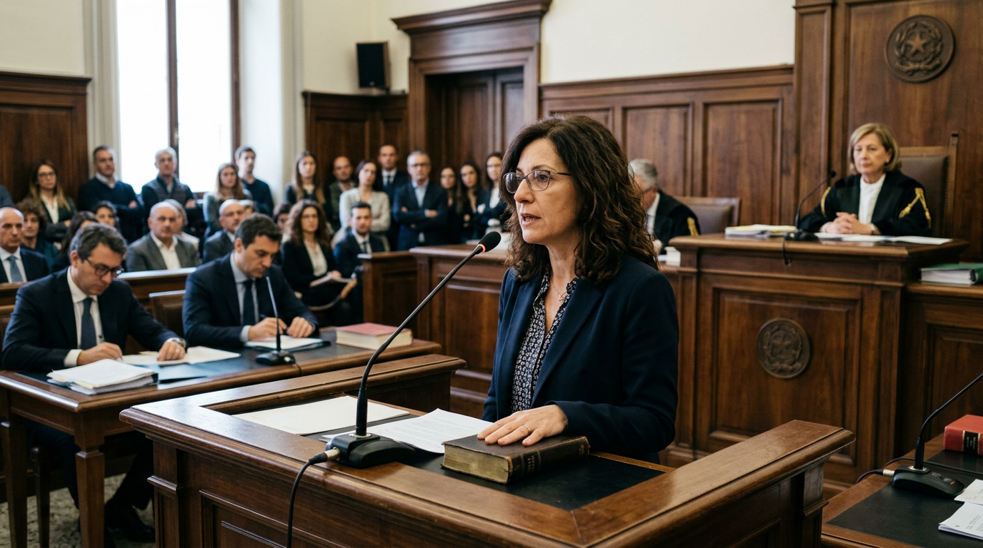 Woman speaking at courtroom witness stand with judge and audience present