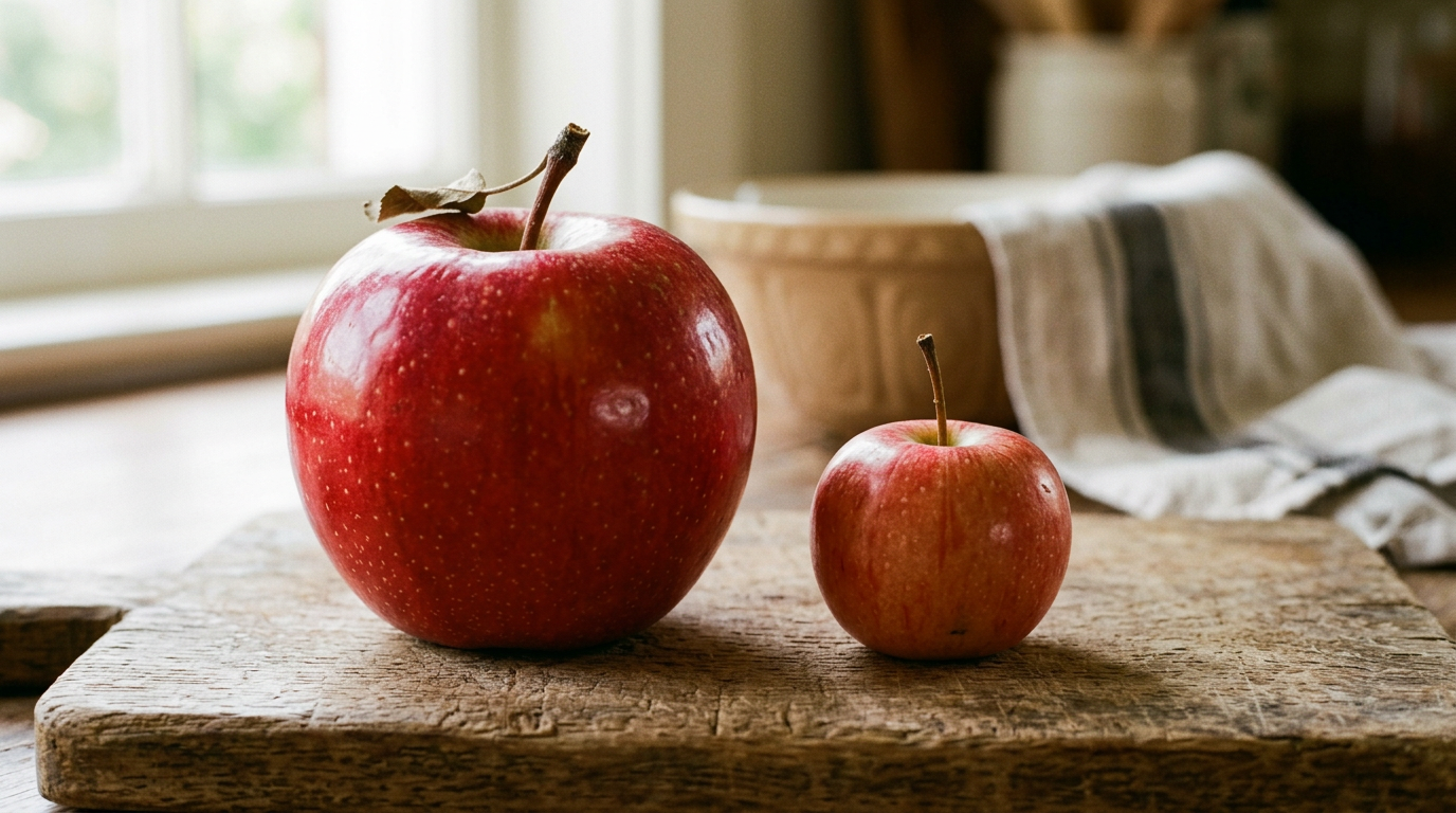 A large red apple and a smaller red apple side by side on a wooden cutting board