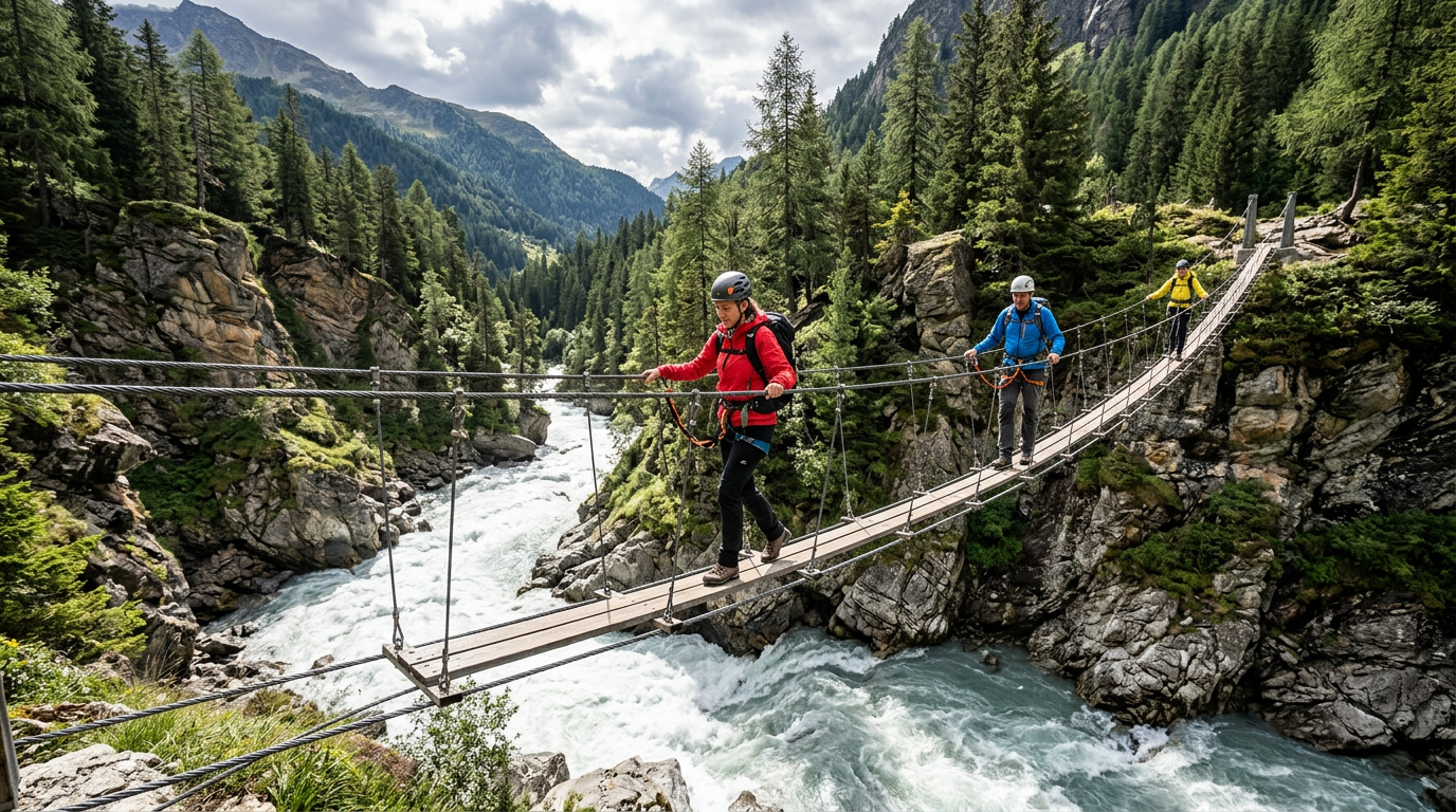Three hikers in helmets and outdoor gear crossing a suspension bridge over a flowing river surrounded by green forest and rocky mountains