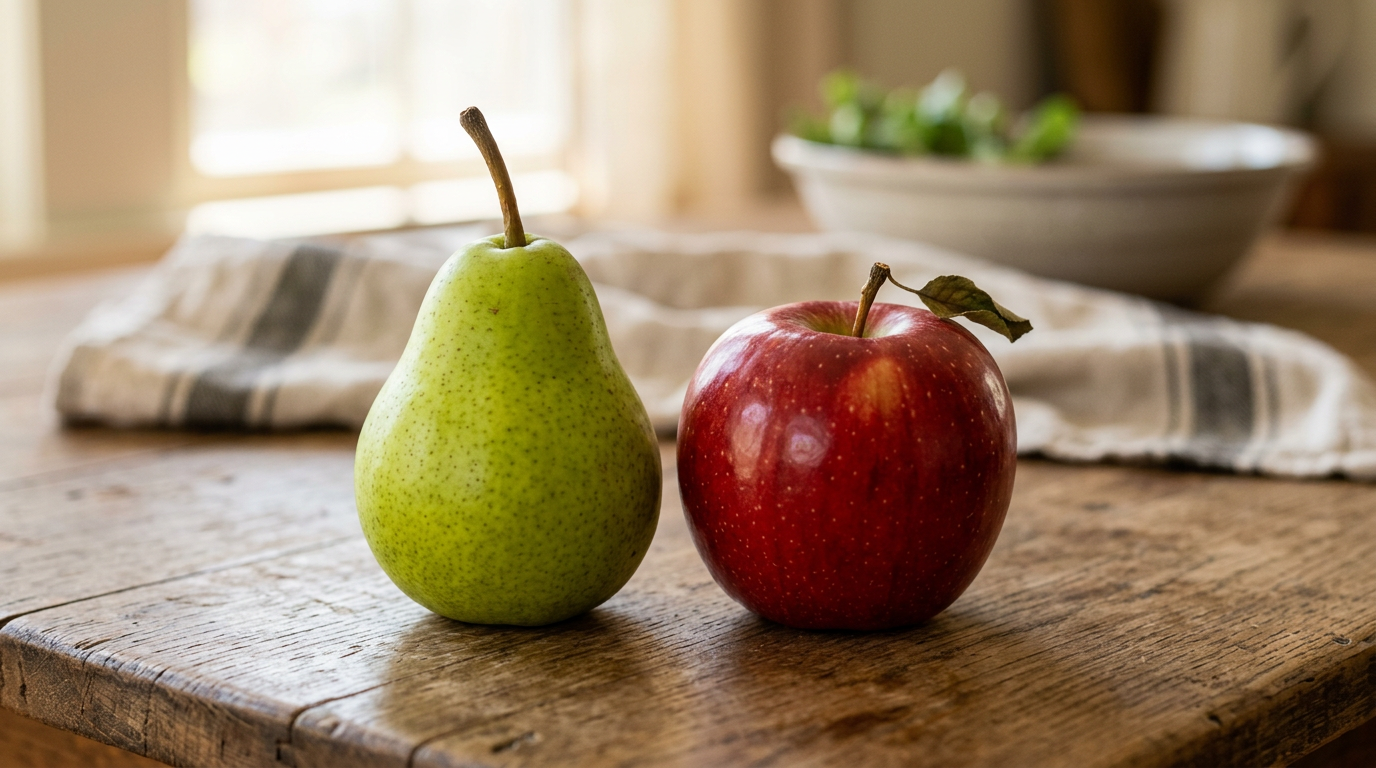 Green pear and red apple on wooden table with cloth and bowl in background