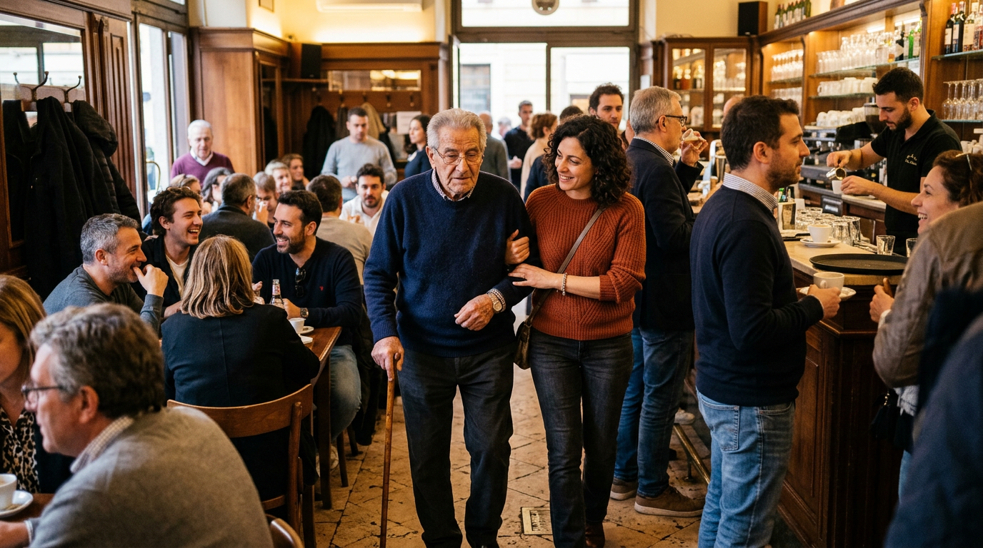 Crowded cafe with diverse people socializing and a waiter serving coffee
