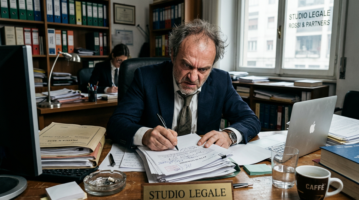 frustrated lawyer writing on legal documents at desk in busy law office